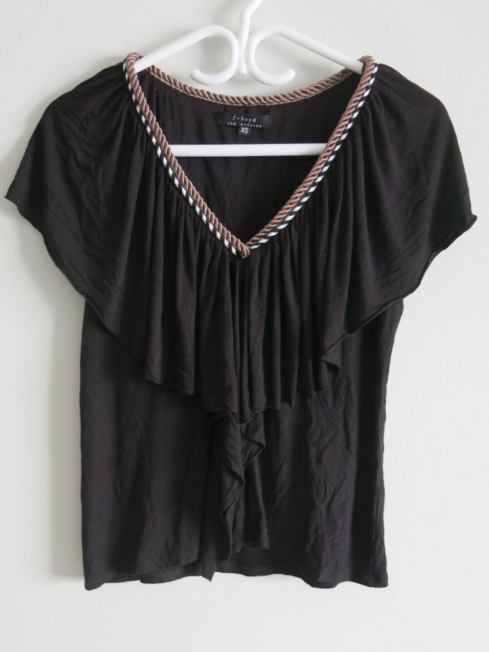 T-Bags Los Angeles Black Ruffle V Neck Top Blouse - Size XS
